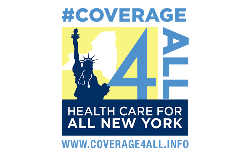 An image shows the Statue of Liberty with a stethoscope around its neck, and the "Coverage 4 all" logo and web address
